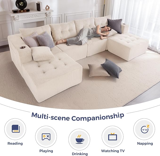 MAXYOYO 129.5" Modular Sectional Sofa Couch, U Shaped Modern Cloud Couch with 2 Ottomans, Sofa in A Box, Tufted 6-Seat Boneless Chair for Living Room, No Assembly Required, Beige