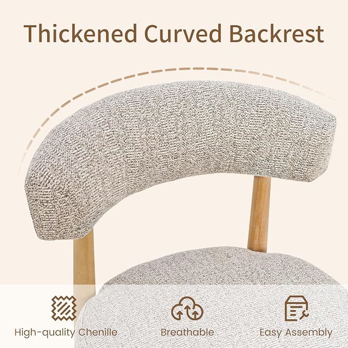 VKNOW Wooden Dining Chairs Set of 4 with Curved Open Back, Brown | Natural Rubberwood Legs, Soft Chenille Fabric, Thickened Cushion, For Adults and Family, Dining Room, Kitchen, No Wobble