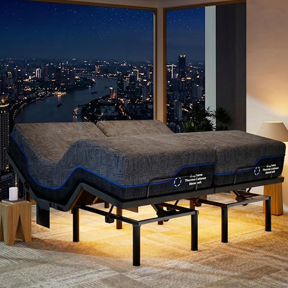 Marsail NS0 Adjustable Base with Mattress Set, Split King Adjustable Bed Frame + 14-inch Cooling Gel Memory Foam Mattress, Dual Motor Bed Frame with Wireless Remote, CertiPUR-US Certified