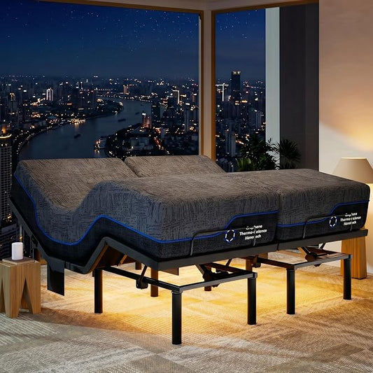 Marsail NS0 Adjustable Base with Mattress Set, Split King Adjustable Bed Frame + 14-inch Cooling Gel Memory Foam Mattress, Dual Motor Bed Frame with Wireless Remote, CertiPUR-US Certified