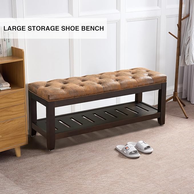 adochr PU Leather Large Rectangular Ottoman with Storage, Upholstered Entryway Bench for Living Room, Oversized Button Tufted Ottoman with Wood Shelf Storage, Brown