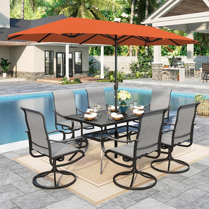 Sophia & William Patio Set with Umbrella 8 Pieces Outdoor Dining Set for 6 with 13ft Umbrella Orange Red, 6 x Grey Swivel Patio Chairs with 59" Dining Table for Lawn Garden (No Umbrella Base)