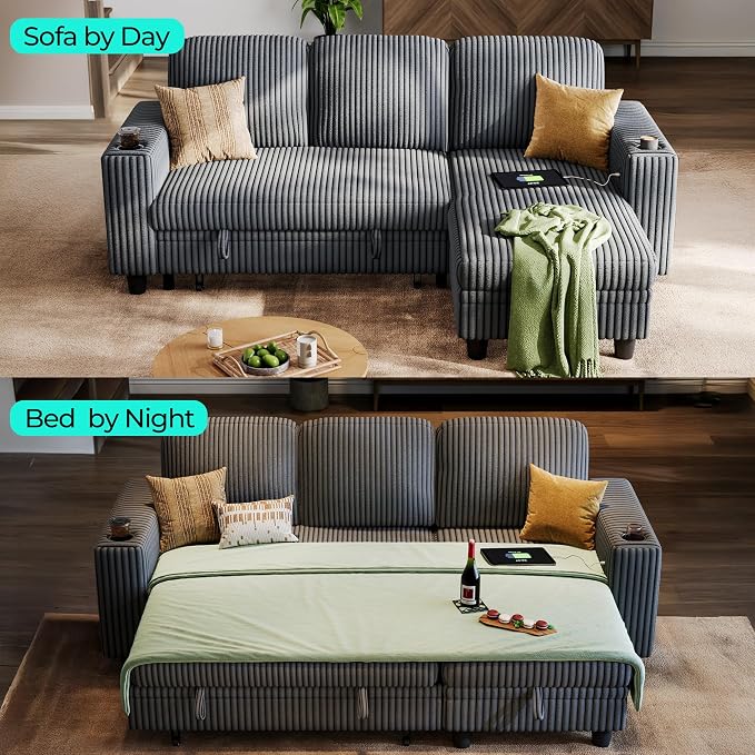 LINSY Home 81" Modular Sectional Couch with Pull Out Bed, L Shaped 3 Seats Sofa with Storage Chaise, Corduroy Convertible Sofa Bed, USB, Cup Holders, Side Pocket, Sleeper Sofa for Living Room, Grey