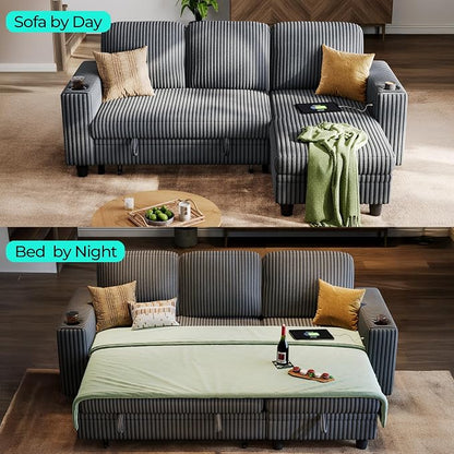 LINSY Home 81" Modular Sectional Couch with Pull Out Bed, L Shaped 3 Seats Sofa with Storage Chaise, Corduroy Convertible Sofa Bed, USB, Cup Holders, Side Pocket, Sleeper Sofa for Living Room, Grey