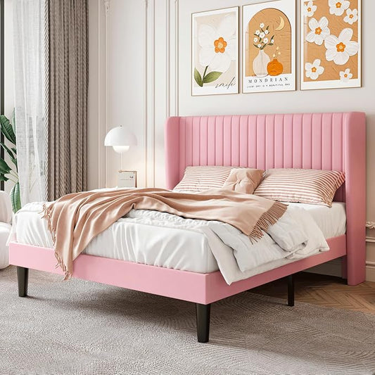 SHA CERLIN Full Size Velvet Bed Frame with Vertical Channel Tufted Wingback Headboard, Upholstered Platform Bed with Wood Slats, No Box Spring Needed, Easy Assembly, Pink
