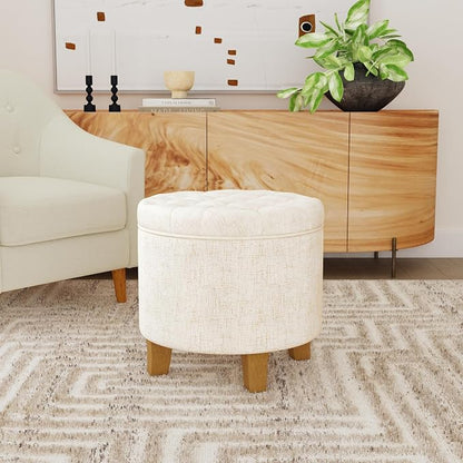 HomePop 19" Button Tufted Round Storage Ottoman - Cream Textured Solid