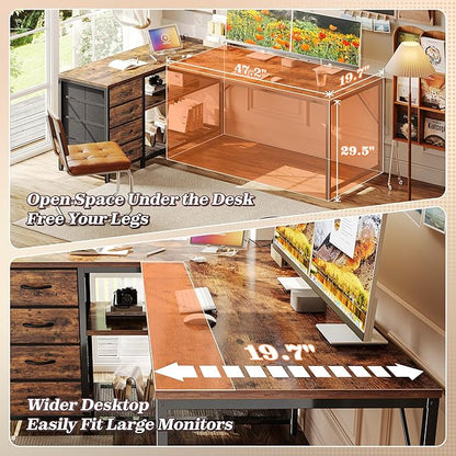 PRAISUN 61" L Shaped Desk with Power Outlets & USB-C Port, Reversible Computer Corner Office Desk with 4 Fabric Drawers and 2 Storage Shelves, Large Desk for Gaming Writing Study, Rustic Brown