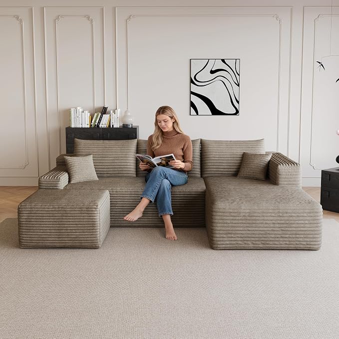95" Cloud Boneless Sectional Sofa Couch with Chaise Lounge and Ottoman, Modern Corduroy Right Facing Modular Sectional Sofa Compressed Corner Couch with Deep Seat, No Assembly Required