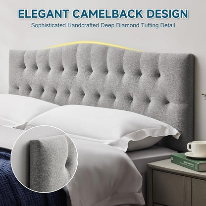 Tufted Upholstered Dorm Headboard Queen, Adjustable 38-50 in, Gray | Queen Size Upholstered Headboard for Dorm Rooms; Linen Fabric, Adjustable Height, Modern Diamond Design
