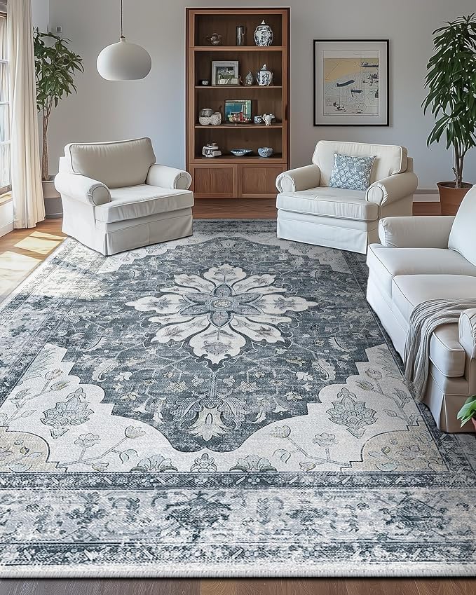 RELEANY Area Rugs Large 10'x14' Washable Non-Slip, Floral Vintage Distress Medallion Carpet for Living Room Bedroom Dining Room, Light Gray Grey White