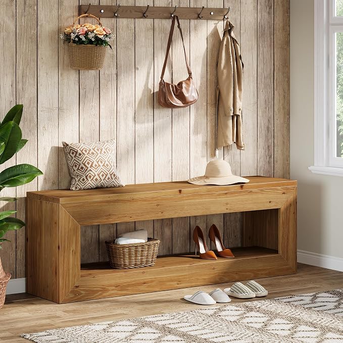 Solid Wood Entryway Bench, 47" Rustic Farmhouse Indoor Bench Seat with Storage Shelf for Entrance, Hallway, End of Bed (Light Brown)
