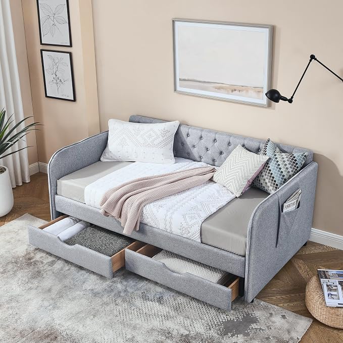 KEIKI Twin Size Upholstery Daybed with Trundle and 2 Drawers, Twin to King Design Mid-Century Style Extendable Sofa Bed, Easy Assembly, No Box Spring Required, for Living Room, Grey