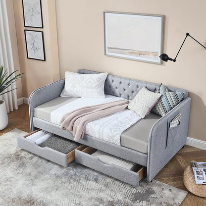 KEIKI Twin Size Upholstery Daybed with Trundle and 2 Drawers, Twin to King Design Mid-Century Style Extendable Sofa Bed, Easy Assembly, No Box Spring Required, for Living Room, Grey
