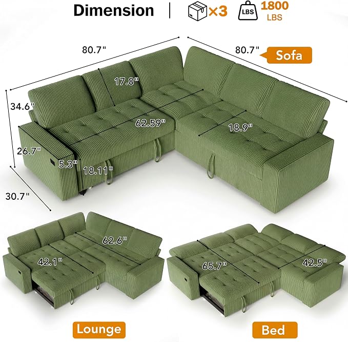 Sunny Heart Modular Sectional Sleeper Sofa with Pull Out Bed, Corduroy L Shaped Sectional Sofa with USB Ports/Adjustable Backrest/Storage Seats, Tool-Free Assembly, Couches for Living Room Green