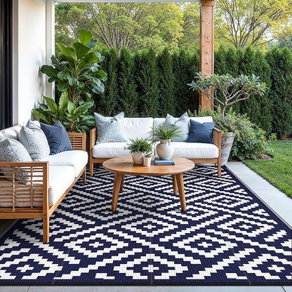 GENIMO 5'x8' Outdoor Rug Waterproof, Reversible Mats, Area Rug, Plastic Outside Carpet, Geometric Rv Mat for Patio Camping Picnic Backyard Deck Balcony Porch Beach Trailer (Navy Blue & White)