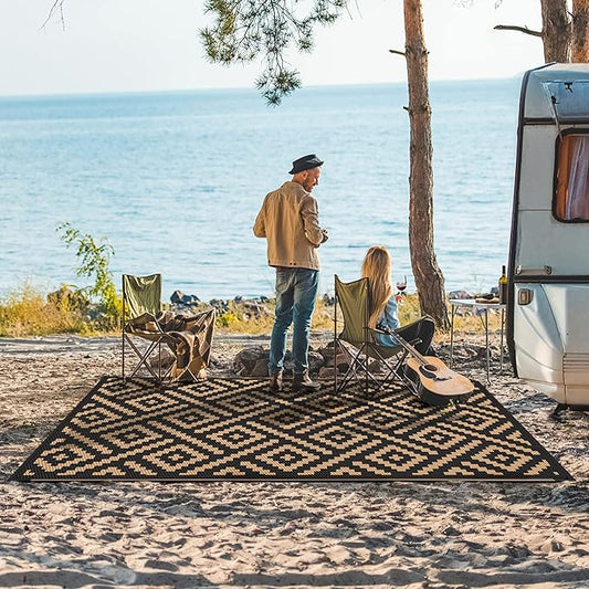 GENIMO Outdoor Rugs 8'x10' Waterproof, Reversible Mats, Area Plastic Straw Rug, Outside Carpet, Geometric Rv Mat for Patio Camping Rv Picnic Backyard Deck Balcony Porch Beach Trailer (Black & Brown)