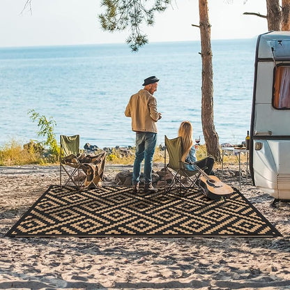 GENIMO 5'x8'Outdoor Rug Waterproof, Reversible Mats, Area Rug, Plastic Outside Carpet, Geometric Rv Mat for Patio Camping Rv Picnic Backyard Deck Balcony Porch Beach Trailer (Black & Brown)