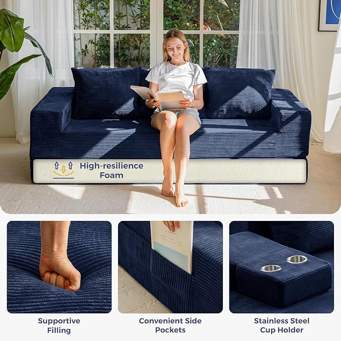 MAXYOYO Convertible Sofa Bed, 80" Oversized Boneless Loveseat Couch 4 in 1 Foldable Floor Sofa Couch in A Box with 2 Cup Holders, Folding Chair for Living Room, No Assembly Required, Navy