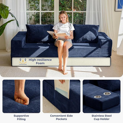 MAXYOYO Convertible Sofa Bed, 80" Oversized Boneless Loveseat Couch 4 in 1 Foldable Floor Sofa Couch in A Box with 2 Cup Holders, Folding Chair for Living Room, No Assembly Required, Navy