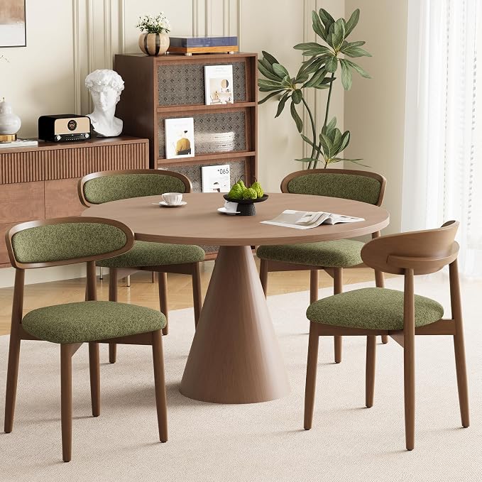Wooden Dining Chairs Set of 4, Modern Fabric Upholstered Dining Room Chair, Kitchen Side Chairs, Farmhouse Dinner Chair with Curved Back for Kitchen, Green