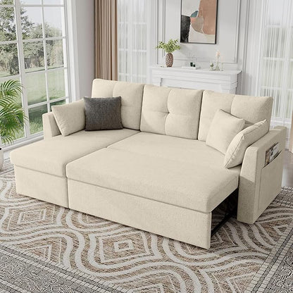 Huatean Home Sleeper Sofa Couch, 2 in 1 Pullout Couch Bed with Storage Chaise, Sectional Sleeper Sofa Bed with Side Pocket for Living Room, Beige