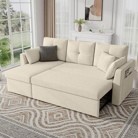 Huatean Home Sleeper Sofa Couch, 2 in 1 Pullout Couch Bed with Storage Chaise, Sectional Sleeper Sofa Bed with Side Pocket for Living Room, Beige