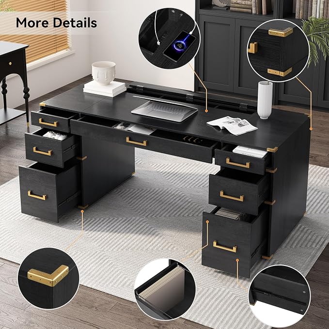 RuiSiSi 70” Extra-Large Classic and Traditional Executive Desk with Metal Edge Trim, Writing Desk with 2 File Drawers, USB Ports and Outlets, Black+Gold