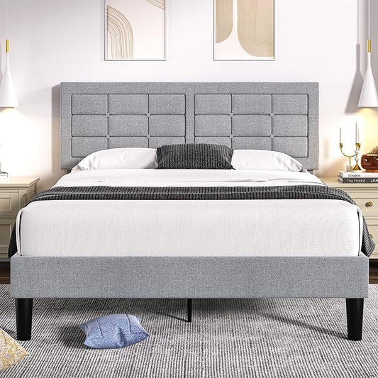 VECELO Queen Size Bed Frame, Adjustable Upholstered Button Tufted Headboard, Heavy-Duty Bedframe with Wood Slats Support, No Box Spring Needed, Linen & Light Grey