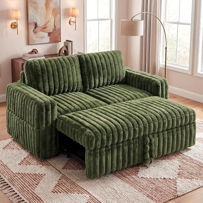 HONBAY Plush Corduroy Loveseat Sleeper Sofa,Modular Pull Out Sofa Bed,Couches for Living Room,Plush Green