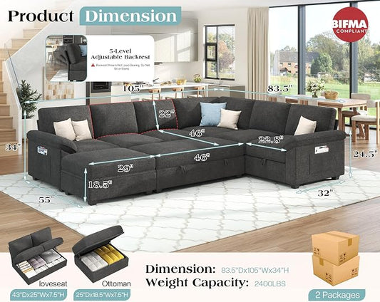 Jocisland 105" Sofa Bed, Sectional Sleeper Sofa with Pull Out Bed/Reclining Backrest, Sleeper Couch Bed with Storage, 6 Seater Couch Bed for Living Room, Chenille Dark Gray