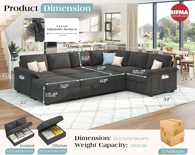 VanAcc 105" Sofa Bed, Sectional Sleeper Sofa with Pull Out Bed/Reclining Backrest, Sleeper Couch Bed with Storage, 6 Seater Couch Bed for Living Room, Chenille Dark Gray