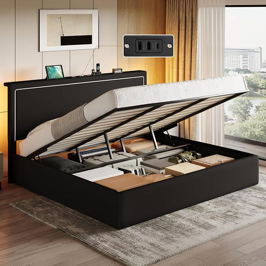 SHA CERLIN King Size Hydraulic Lift-Up Storage Platform Bed Frame with Charging Station, RGB LED Lights, Adjustable Velvet Headboard, USB-A and USB-C Ports, No Box Spring Needed, Black