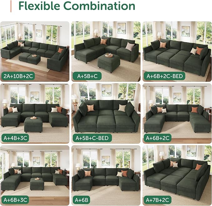 HONBAY Modular Sectional Sofa Sleeper Couch with Storage Modular Couch Convertible Couches for Living Room - Green
