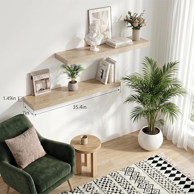 Floating Shelves for Wall, Bathroom Shelves Over Toilet, Wall Shelves & Book Shelf for Room, Hanging Shelf, Modern Wooden Mounted Floating Shelves, 36x7x1.5 in (Oak, Set of 2)