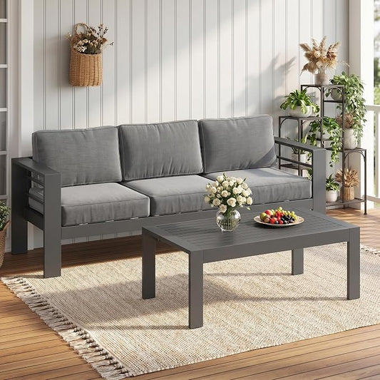 Solaste Aluminum Patio Sofa with Coffee Table,2 PCS Patio Furniture Set with Cushions, All-Weather Outdoor Sofa for Balcony, Deck, Backyard, Porch, Garden, Dark Grey