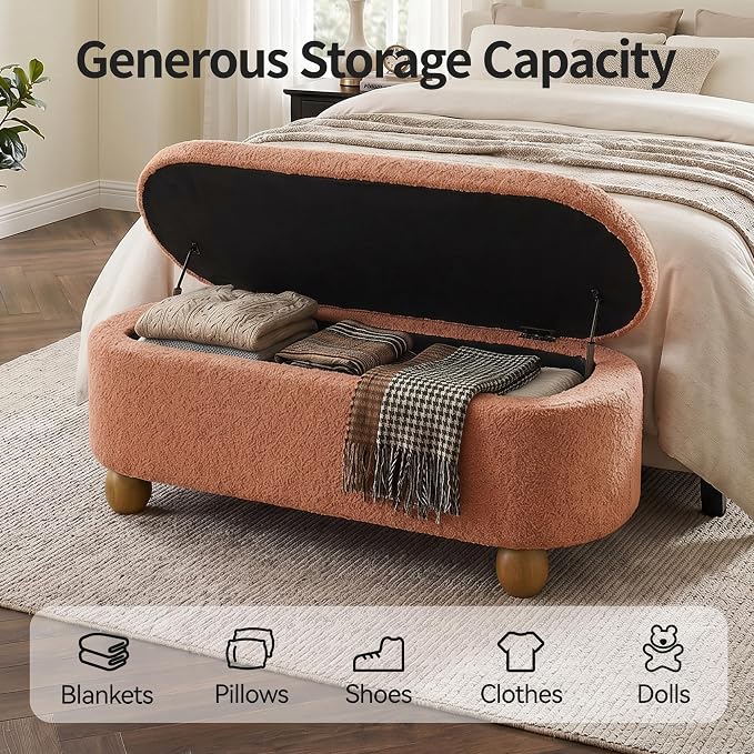 VKNOW 44.8" Storage Ottoman Bench End of Bed Bench, Thickened Upholstered Blanket Chest for Living Room, Entryway Bench with Hinge and Cute Spherical Solid Wood Stool Legs for Bedroom, Orange
