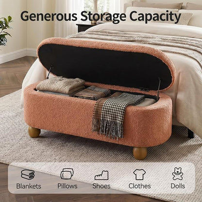 VKNOW 44.8" Storage Ottoman Bench End of Bed Bench, Thickened Upholstered Blanket Chest for Living Room, Entryway Bench with Hinge and Cute Spherical Solid Wood Stool Legs for Bedroom, Orange