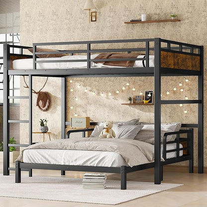 Full Over Full Metal Bunk Bed, Heavy Duty Convertible Bunk Bed Frame with Headboard & Full Guardrails, Can Be Split into Two Platform Beds or Loft Bed, Vintage