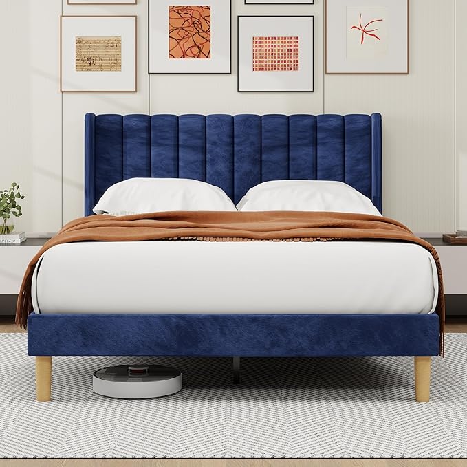 alazyhome Platform Bed Frame Queen Size with Upholstered Headboard, Solid Wood Slats Support, No Box Spring Needed, Noise Free, Easy Assembly, Modern Velvet Bed, Blue