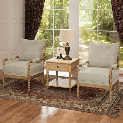 Morden Fort Linen Fabric Spindle Accent Chairs Set of 2, French Style Chairs with High Resilience Spring Cushion and Armrest Pads, Leisure Armchair for Living Room Bedroom Farmhouse Office Balcony
