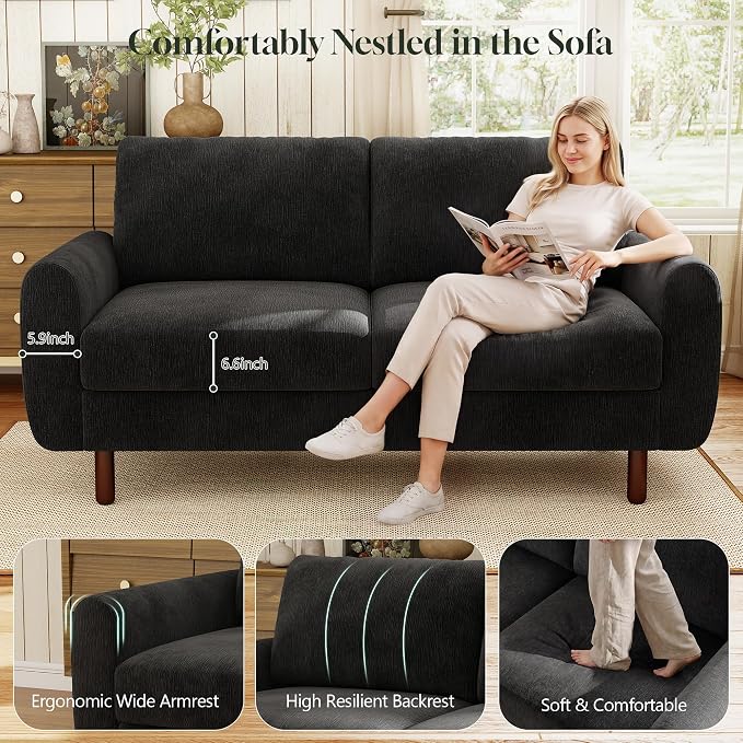 WorthFurni 68" Loveseat Sofa, Comfy Chenille Fabric Couches for Living Room with Spring Cushion and Solid Wood Frame, Modern Deep Seat Couch for Bedroom, Apartment, Office, Easy Assembly, Black