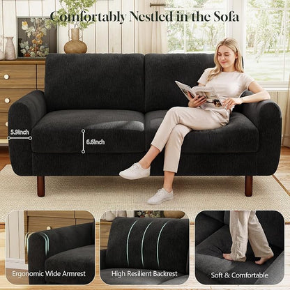 WorthFurni 68" Loveseat Sofa, Comfy Chenille Fabric Couches for Living Room with Spring Cushion and Solid Wood Frame, Modern Deep Seat Couch for Bedroom, Apartment, Office, Easy Assembly, Black