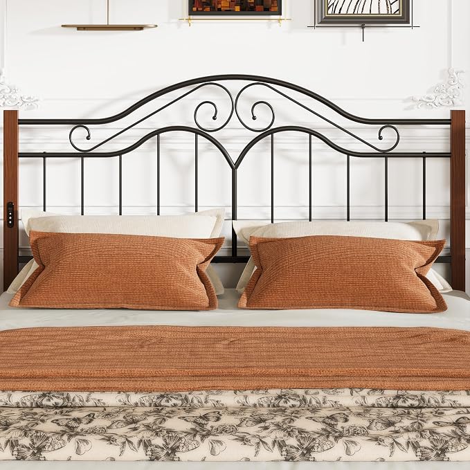 Headboard for King Size Bed Frame with Charging Station USB & Type C Ports | Vintage Platform Bed Headboard Only,Adjustable,Iron Legs,Easy Assembly,Black