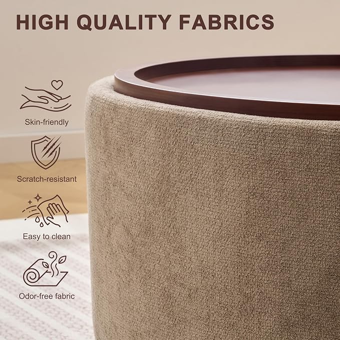 29.1 Inch Round Ottoman Coffee Table, Ottoman with Storage, Boucle Camel | Storage Ottoman with Removable Lid Top, Solid Wood Legs, Round Ottoman for Living Room, Bedroom, Apartments
