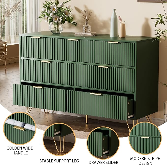 Furniway Dresser for Bedroom, Fluted Modern Dresser with Gold Pulls and 7 Drawers, 15.7" D x 47.2" W x 31.4" H, Green