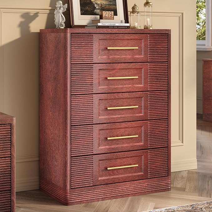RECHHX Farmhouse 5 Drawers Dresser for Bedroom, 44" Tall Modern Chest of Drawers, Wooden Thermoformed Curved Dresser Organizer for Bedroom, Living Room, Walnut Cherry