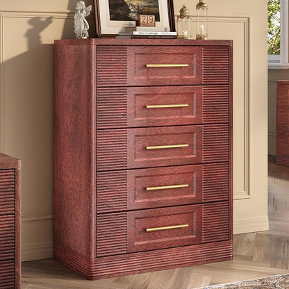 RECHHX Farmhouse 5 Drawers Dresser for Bedroom, 44" Tall Modern Chest of Drawers, Wooden Thermoformed Curved Dresser Organizer for Bedroom, Living Room, Walnut Cherry