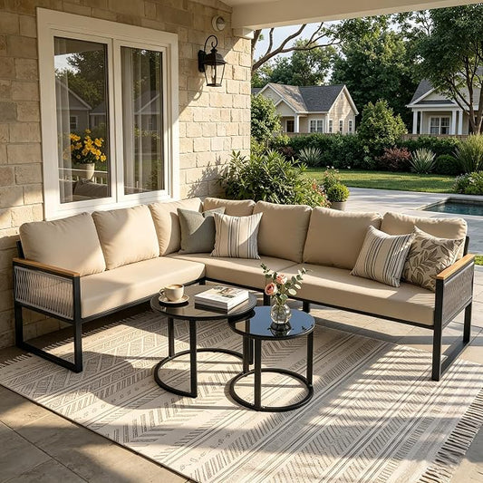 7-Piece L-Shaped Patio Conversation Sets, Hand-Woven Wicker Outdoor Sectional Sofa with Glass Nesting Coffee Table, Weather-Resistant Frame, Removable Cushion for Deck, Porch, Backyard (Beige)