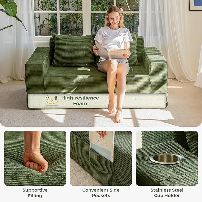 MAXYOYO Loveseat Sofa Bed, 64" Foldable Floor Sofa Couch in A Box with 2 Cup Holders, 4 in 1 Convertible Boneless Couch Folding Recliner Chair for Living Room, No Assembly Required, Green