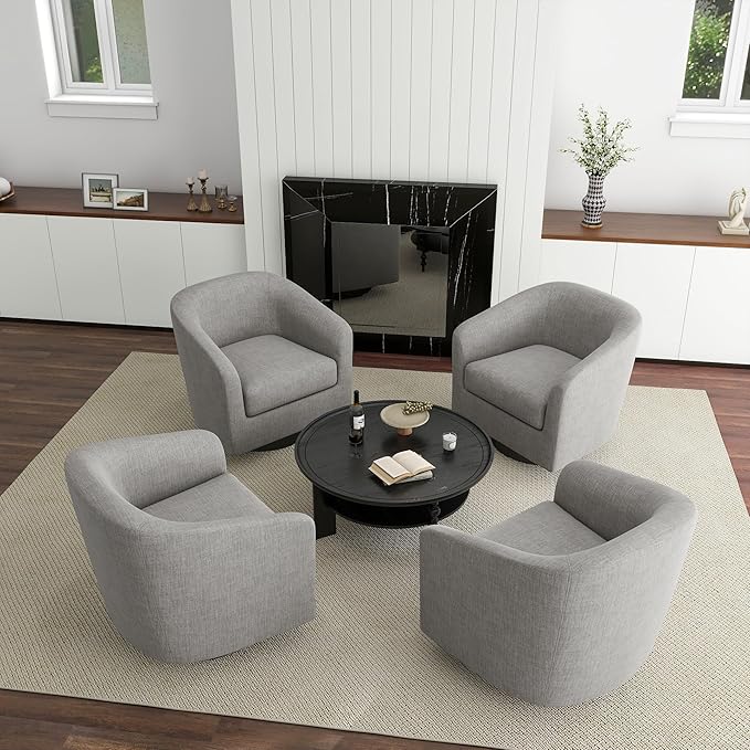 Swivel Barrel Accent Chair Armchair, Round Club Arm Chair in Fabric for Lving Room, Modern Upholstered Small Bedroom Single Sofa Side Seat, Set of 4, Light Gray